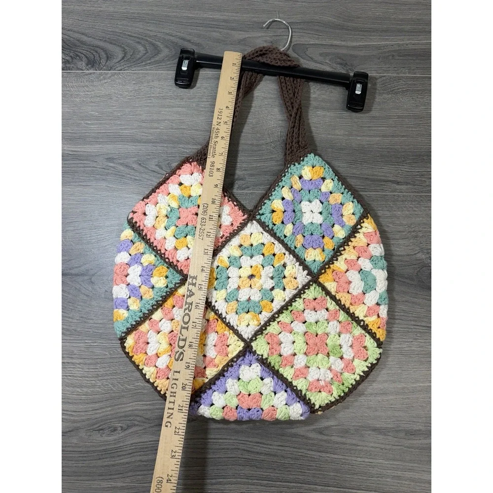 Handmade Crochet Granny Square Tote Bag Multicolor Boho Hippie Travel Comfort